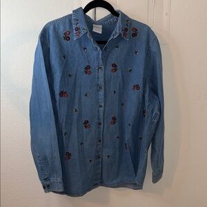 Embroidered Denim Button-Up Shirt with Red Rose Accents